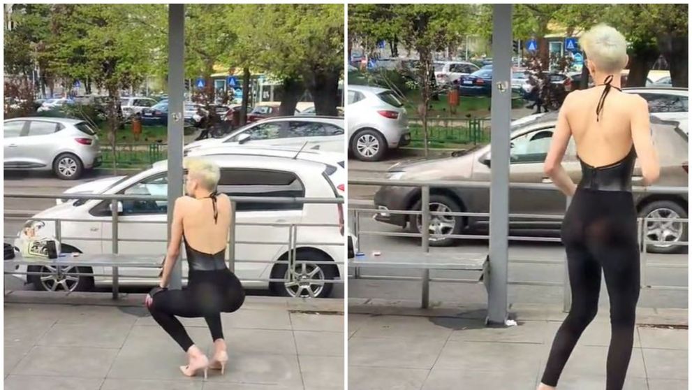 Spectacol gratuit în stația de tramvai. O româncă dansează în colanți transparenți pentru un TikTok