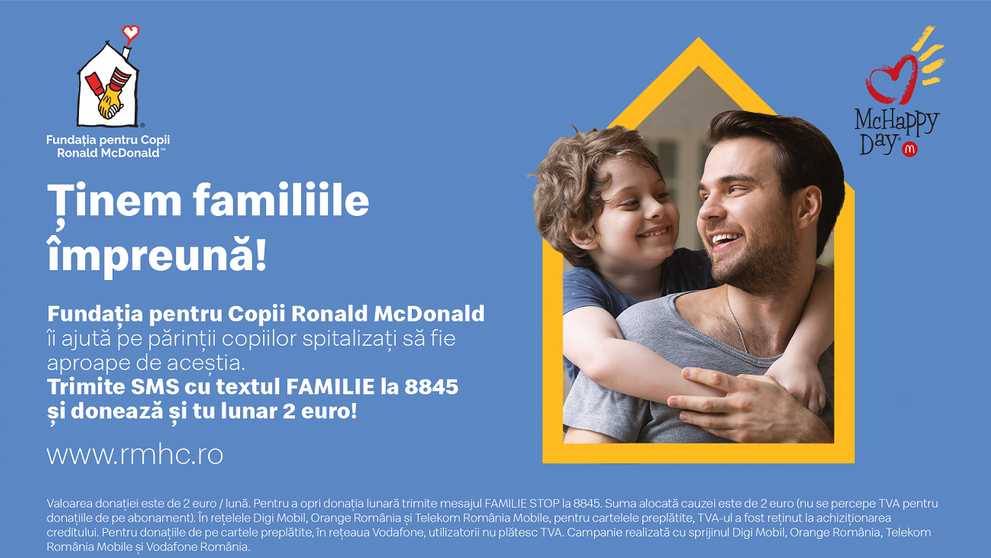 (P) Susține Fundația pentru Copii Ronald McDonald printr-o donație lunară și ajută-ne să ținem familiile împreună