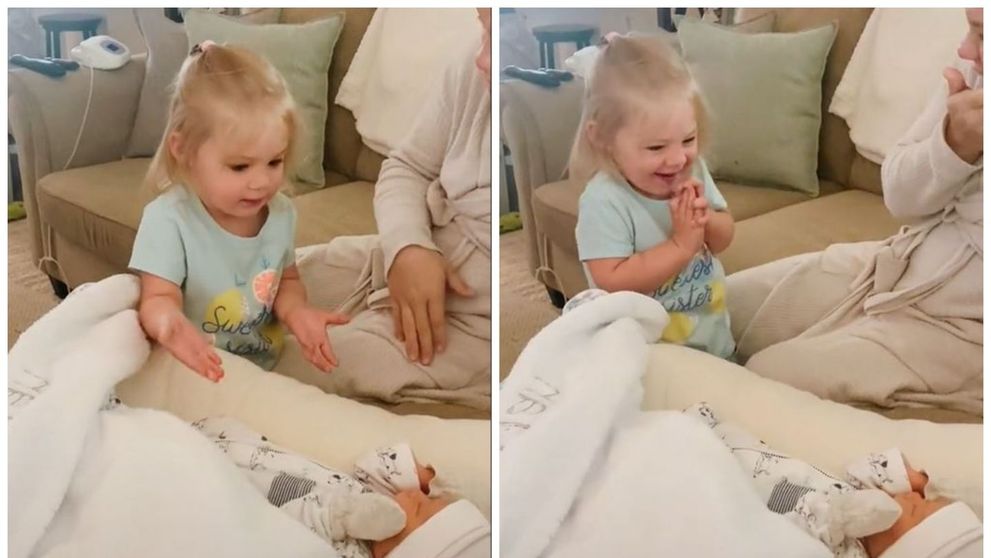 Clipul care îți va înveseli ziua! Reacția adorabilă a unei fetițe când își cunoaște frățiorul nou-născut