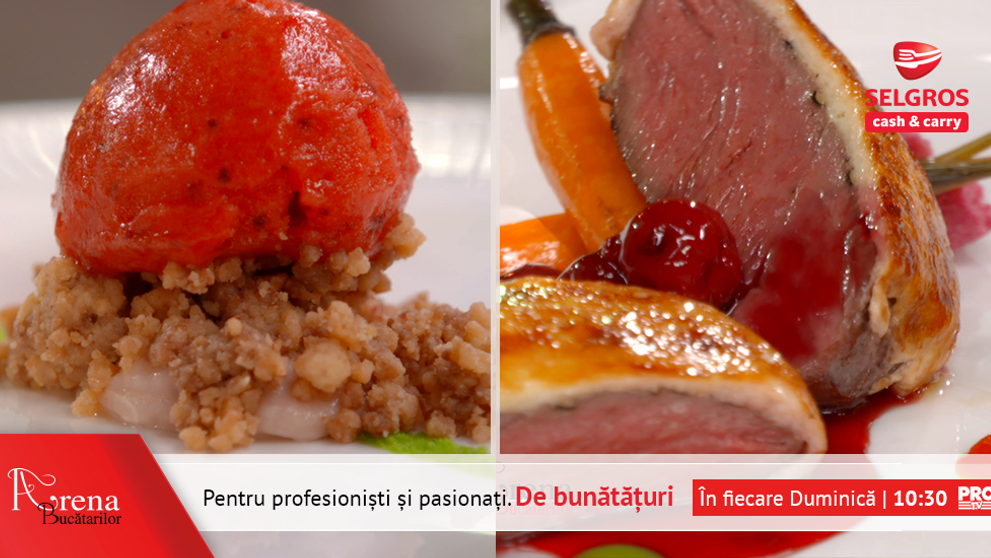 Muschiulet de vita cu rosti de legume si sos de visine si Mousse de zmeura cu crumble de ciocolata si sorbet de zmeura