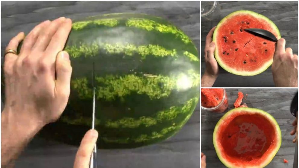 A taiat in doua un pepene si apoi a scobit jumatatile. Finalul, o idee fantastica pentru zilele fierbinti de vara