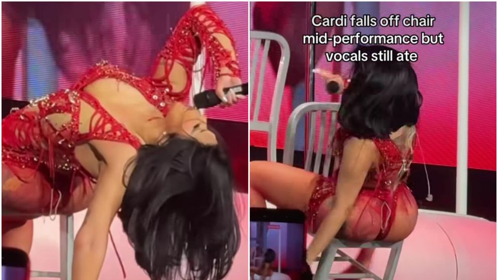 A vrut să fie seducătoare, dar scaunul a cedat! Cardi B, în desuuri pe podea după ce a căzut de pe scaun în fața a mii de oameni