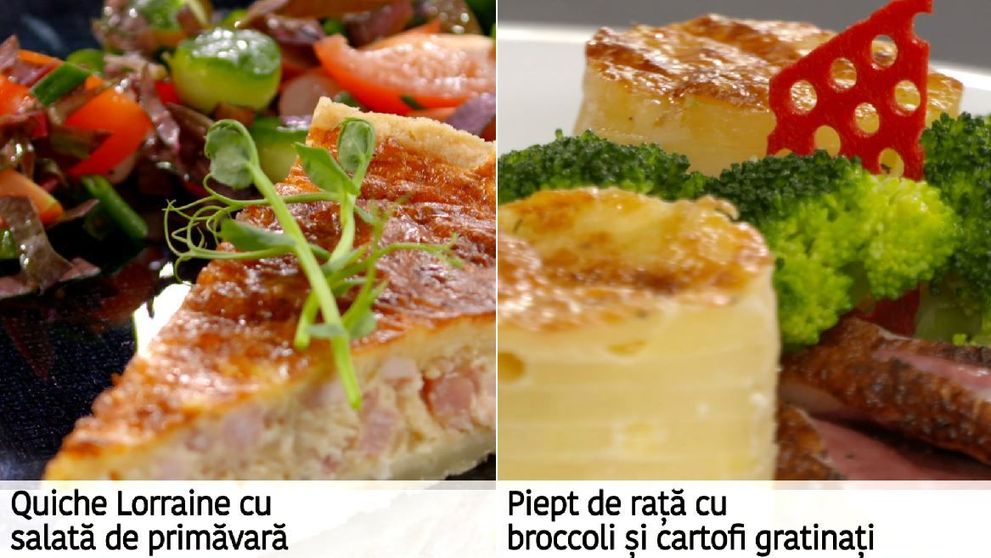 Quiche Lorraine cu salata de primavara si piept de rata cu broccoli si cartofi gratinati