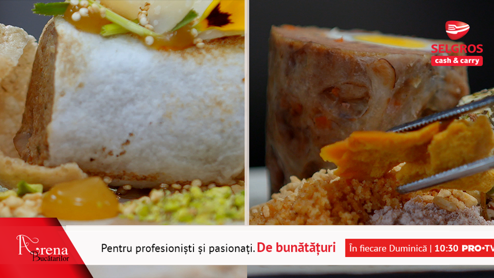 Ou confiat cu ruladă din duxelles de ciuperci și cotlet de miel cu drob reinterpretat și cartofi afumați în fân