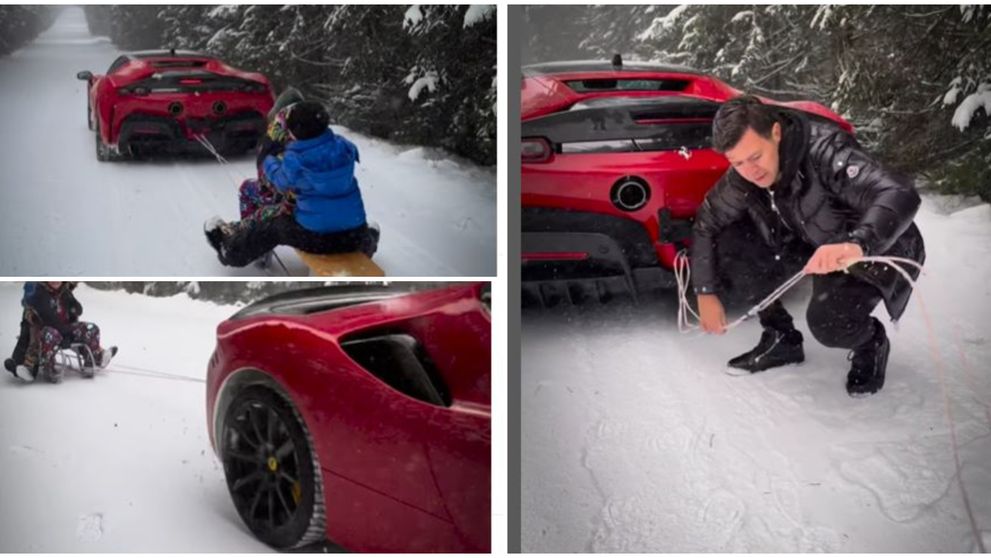 VIDEO Un milionar din Cluj, aroganță de Crăciun. A legat sania copiilor la Ferrari și a tras-o prin zăpadă. Reacția oamenilor: ”Copiii au inhalat tot...