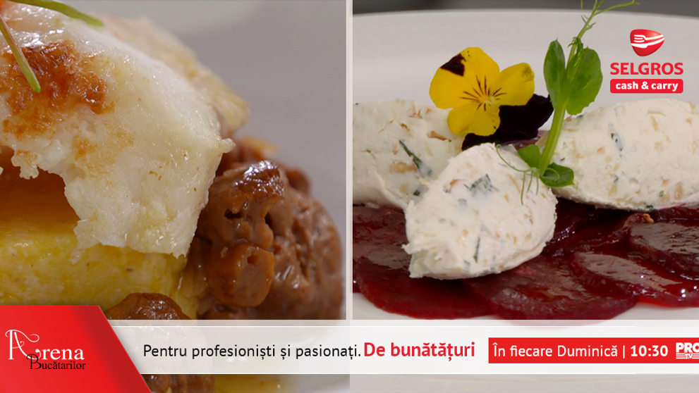 Carpaccio din sfecla cu branza de capra si alune si file de Monkfish, sos cu ciuperci si mamaliga cu branza de capra