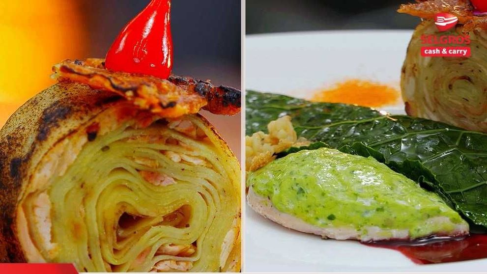 Piept de prepeliță cu ruladă de cartofi, baclava cu varză kale  și sos cu vișine și fructe de pădure