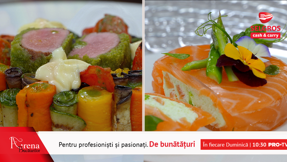 Bavarois cu sparanghel și somon gravlax și Cotlet de miel în crustă de ierburi cu pesto de busuioc și legume