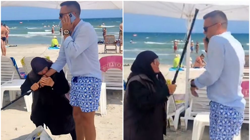 VIDEO Momentul în care un bărbat este bătut cu bastonul de o femeie, pe plajă în Mamaia Nord. De la ce a pornit totul