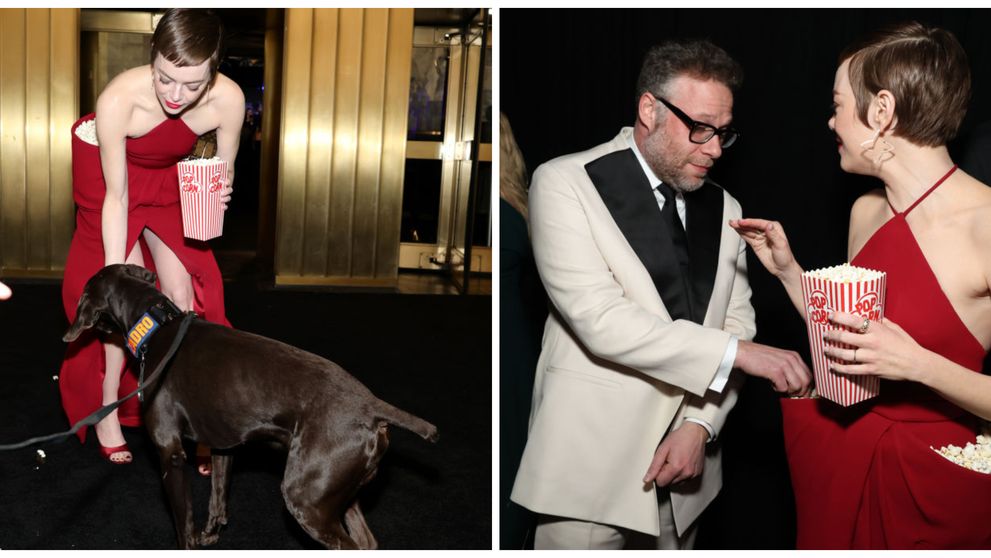 Moment hilar pe covorul roșu cu Emma Stone! Actrița laureată cu două premii Oscar a defilat cu buzunarele rochiei pline cu popcorn și i-a servit inclusiv pe invitați