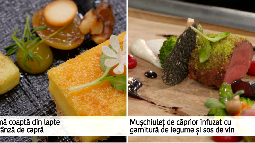 Crema coapta din lapte si branza de capra si muschiulet de caprior infuzat cu garnitura de legume si sos de vin