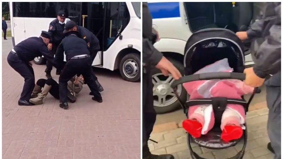 La o acțiune de protest din Rusia a fost reținută o femeie cu un bebeluș aflat în căruț