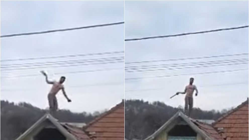 Momentul în care un bărbat din Bacău, urcat pe o casă, aruncă cu țigle și le cere dedicații cu manele polițiștilor VIDEO