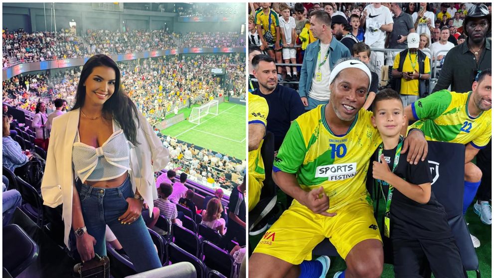 Apariție de senzație la meciul lui Ronaldinho! Sandra, soția lui Adi Mutu, a întors toate privirile, iar fiul lor, Tiago, a trăit un moment unic cu starul brazilian