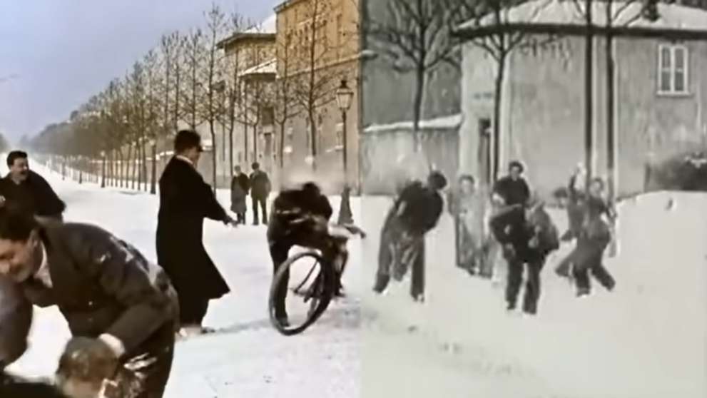 Cea mai veche bătaie cu zăpadă surprinsă de o cameră video, transformată cu Inteligența Artificială