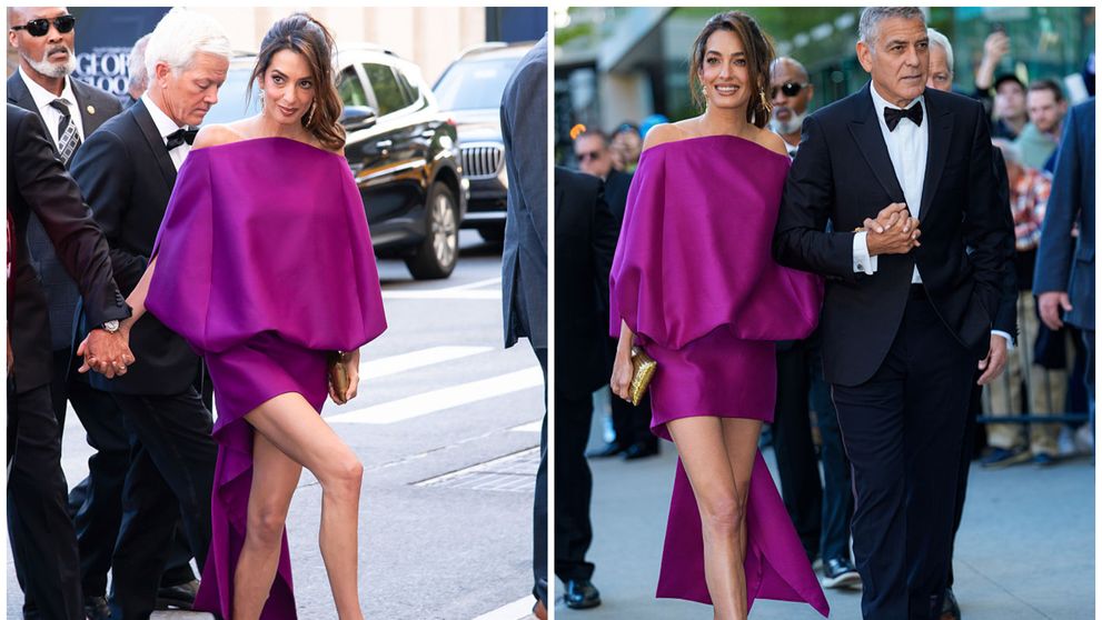 A renunțat la vintage și a ales o ținută Balenciaga, proaspăt prezentată pe podium. Amal Clooney a atras toate privirile cu rochia magenta