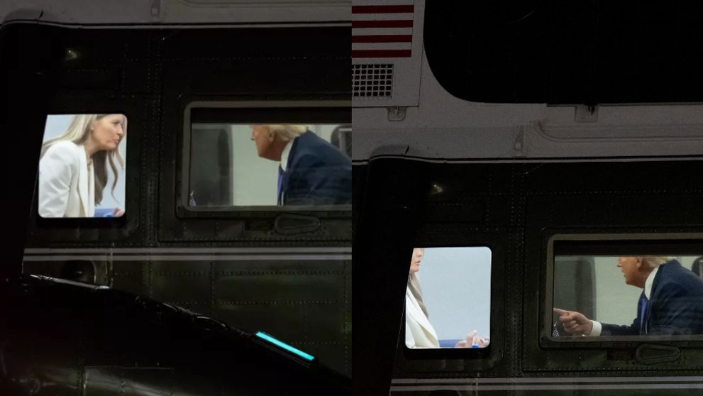 Donald Trump, surprins în timp ce arată cu degetul în mod acuzator către Melania Trump. Cuplul prezidețial a coborât din elicopter ținându-se de mână