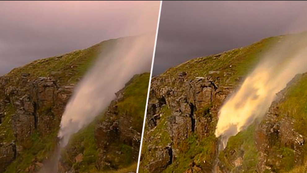 VIDEO Momentul spectaculos când apele unei cascade își inversează cursul. Care este motivul