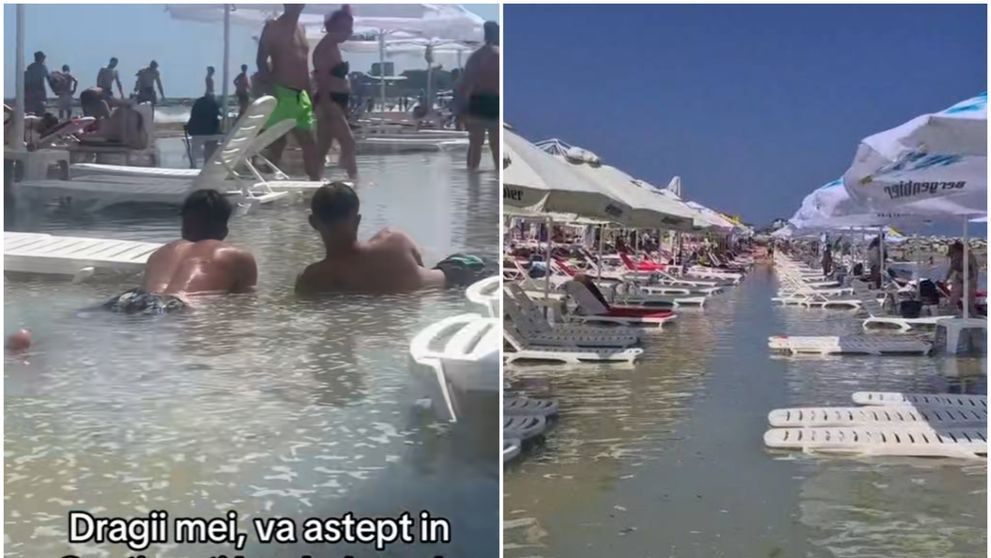 Valurile au invadat plaja și șezlongurile în Costinești! Unii turiști au râs, alții au fugit, iar primele rânduri au rămas neocupate