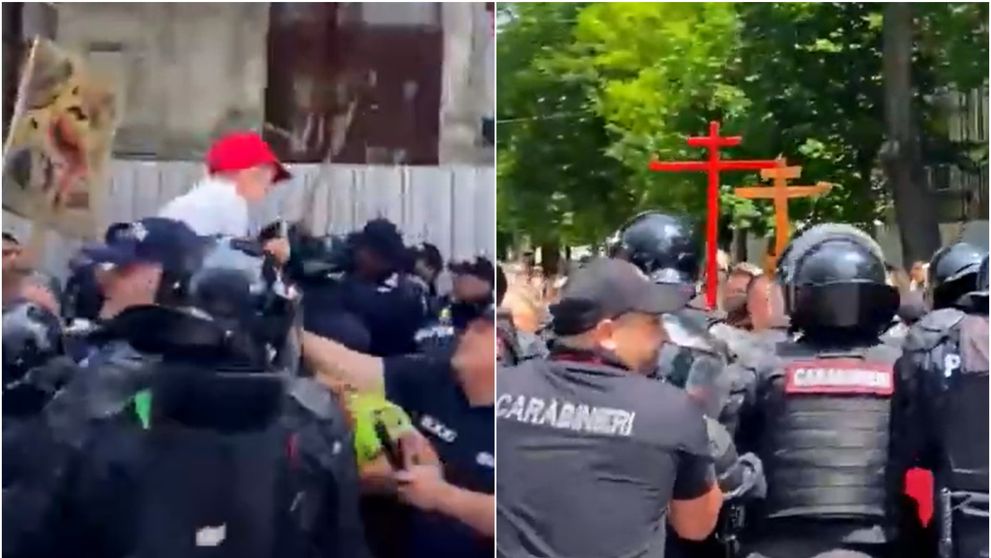 Un bărbat cu un copil pe umeri a atacat jandarmii la marșul Pride din Chișinău! Momentul, surprins pe camere VIDEO