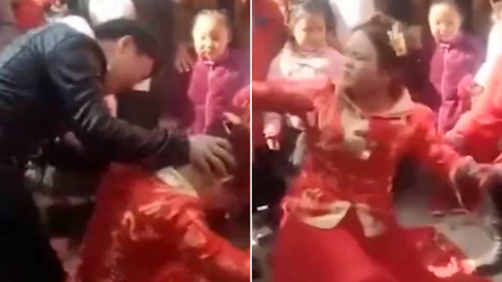 O mireasa nervoasa loveste un invitat dupa ce acesta o forteaza sa stea in genunchi