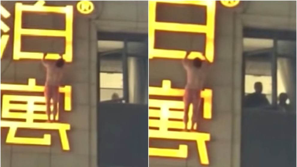 VIDEO Momentul halucinant în care o femeie își prinde soțul că o înșală la hotel! Ca să nu fie prins, bărbatul a sărit pe fereastră și s-a ascuns pe sigla clădirii