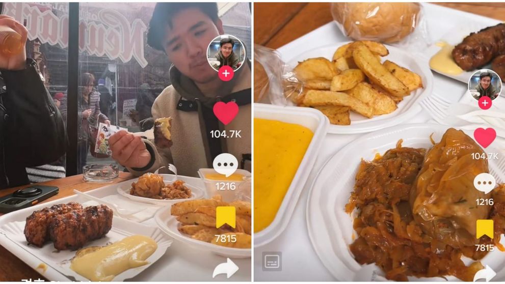 Un turist străin, viral pe TikTok, după ce a ajuns în România și a mâncat mici și sarmale pe terasa din Piața Obor